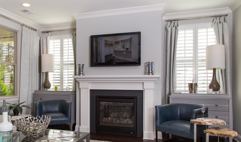 Orlando fireplace with plantation shutters.
